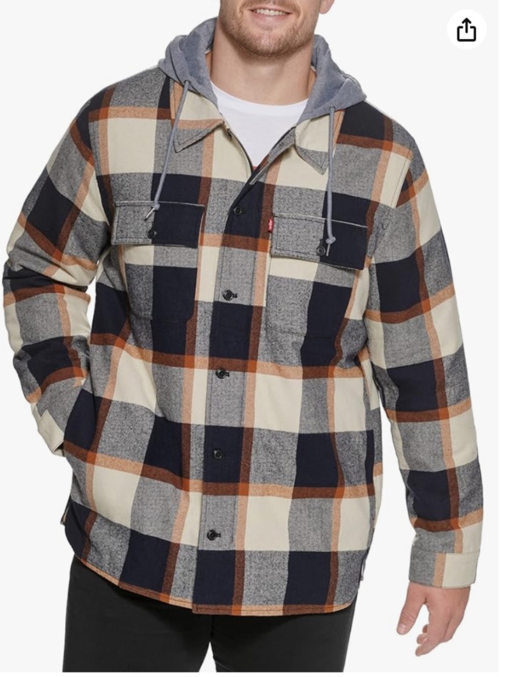 Levi’s Plaid Sherpa-Lined Hooded Jacket in Navy, Cream & Brown